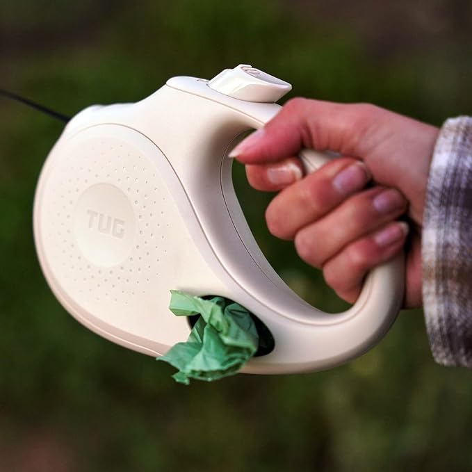 TUG Oval 360° Tangle-Free Retractable Dog Leash with Integrated Waste Bag Dispenser (Large, Cream)
