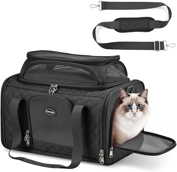Top Expandable Cat Carrier for Airline Travel, 17x11x9.5 in, Black | Stable reinforced frame, locking zippers, and breathable mesh for airport waits, vet visits, road trips, and daily travel
