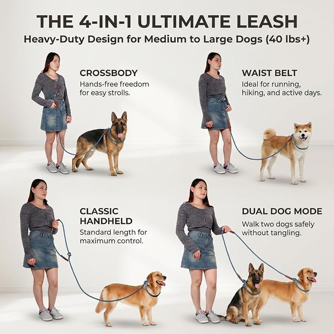 Hands Free Multifunctional Dog Leash for 1 or 2 Dogs, 9.8 ft, Tapestry Blue | Waist, crossbody, or handheld lead with leather handle to walk run hike train. Double attachments for 2 dogs up to 125lbs.