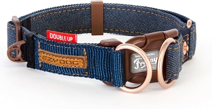 EzyDog Double Up Dog Collar, Strong Double D-Rings - X-Large, Denim | Dual D-Rings for Superior Strength, Safety, and Comfort, Soft Touch Nylon Webbing, Reflective Stitching, Id Attachement Point