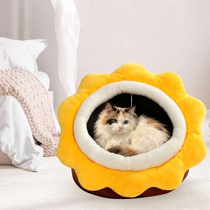 Cat Beds for Indoor Cats - Sun Flower Shaped Cute Cat Cave Bed,Brown L | Super Soft Plush Calming cat Tent house for Kitten&Puppy with Toy,Machine Washable&Thick and Removable Sushion,cat Hideaway