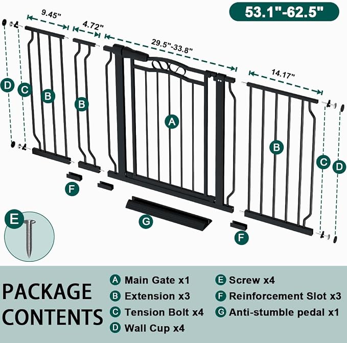 Fairy Baby 53.1"-62.5" Extra Wide Baby Gates for Stairs & Doorways, Pressure Mounted Baby Safety Child Gate No Drill, Long Dog Gate with Door Walk Thru, Metal Auto Close Large Pet Gate Indoor, Black