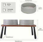 SPUNKYJUNKY Ceramic Elevated Dog Bowls Raised with Acacia Bamboo Wooden Stand, 8.3'' Dog Food Water Bowls Set Non-Slip for Medium Large Sized Breed Microwave Dishwasher Safe - 60 OZ,Grey