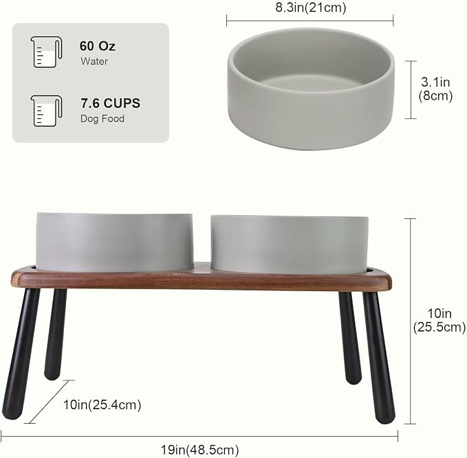 SPUNKYJUNKY Ceramic Elevated Dog Bowls Raised with Acacia Bamboo Wooden Stand, 8.3'' Dog Food Water Bowls Set Non-Slip for Medium Large Sized Breed Microwave Dishwasher Safe - 60 OZ,Grey