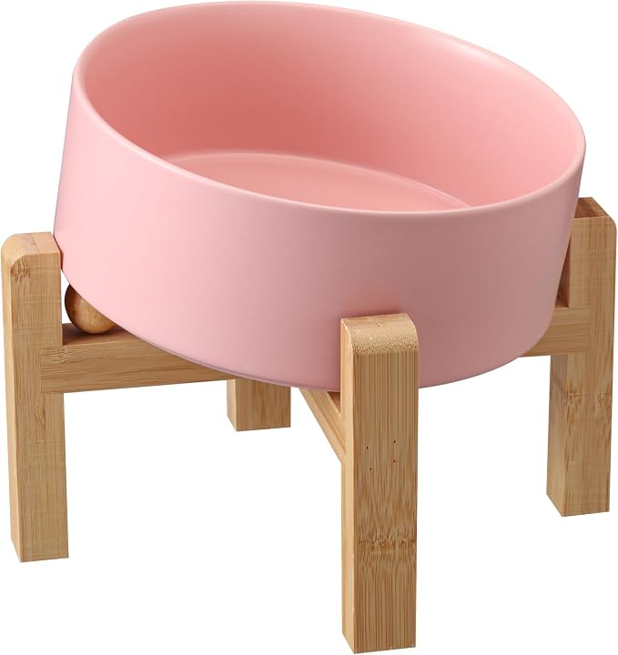 Pink Elevated/Raised 15°Tilted Anti Slip Ceramic Dog Bowl for Small/Medium Breeds,Slanted Bulldog Big Face Pet Food Water Feeding Dish with Stand for Cats and Dogs (3.6 Cups/28 OZ)