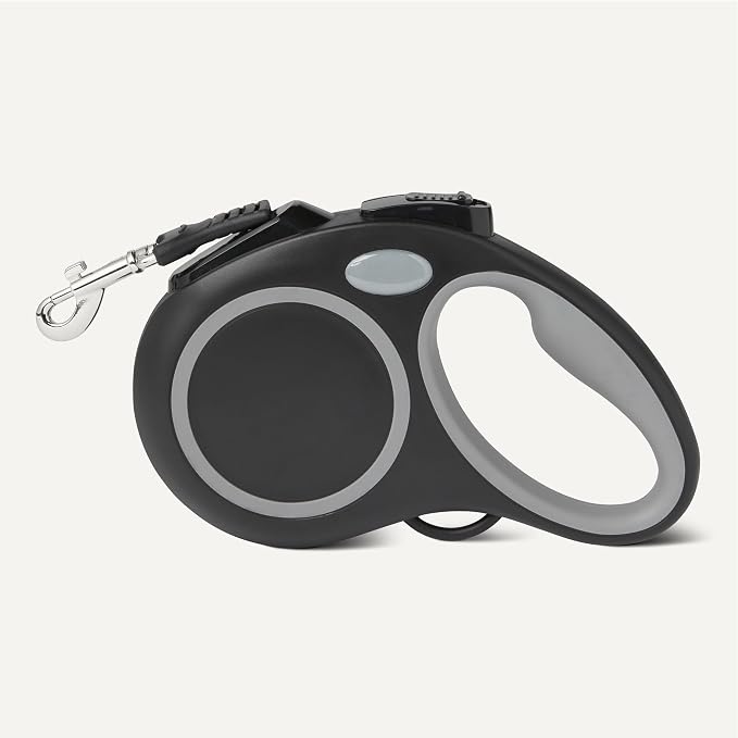 Amazon Basics Reflective Retractable Dog Leash, 16.4 Ft Tape Leash for Dogs Up to 33 Lbs, Non-Slip Comfort Grip, Quick-Lock, Small, Black