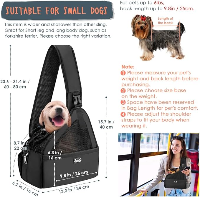SlowTon Pet Dog Sling Carrier, Hands Free Hard Bottom Papoose Small Animal Puppy Up to 6 lbs Travel Bag Tote Breathable Mesh Support Adjustable Padded Strap Pocket Safety Belt(Widened Black)