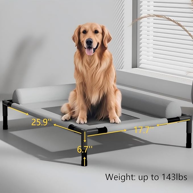 Elevated Dog Bed with Breathable Mesh Hammock, Heavy Duty Steel Frame Raised Indoor Outdoor Dog Bed for Large Cats, Medium & Small Dogs, 25.98"x17.72" Up to 140lbs, Gray