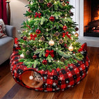 3-in-1 Red Black Buffalo Plaid Cat Tunnel Christmas Tree Skirt for Cat Play by GUDELAK