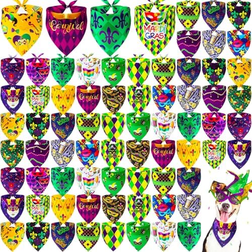 100 Pcs Dog Bandanas Bulk Adjustable Pet Scarves Mardi Gras M by Locmeo