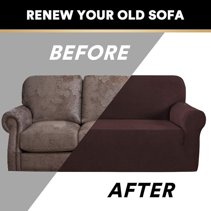 Stretch Sofa Cover Slipcover Couch Covers for 3 Cushion Couch Furniture Protector Sofa Covers with Non Slip Elastic Bottom Dogs Pet Friendly Fitted(Large Sofa 90"-100",Brown)