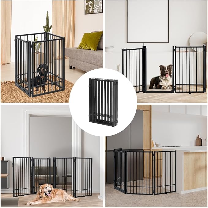 Metal Freestanding Dog Gate with Door, Extra Wide 81", 31" Height Foldable Dog Gates for Doorways, Tall Pet Fence Indoor Pet Gates, 4 Panels Pet Barrier for Stairs Hallways, Black