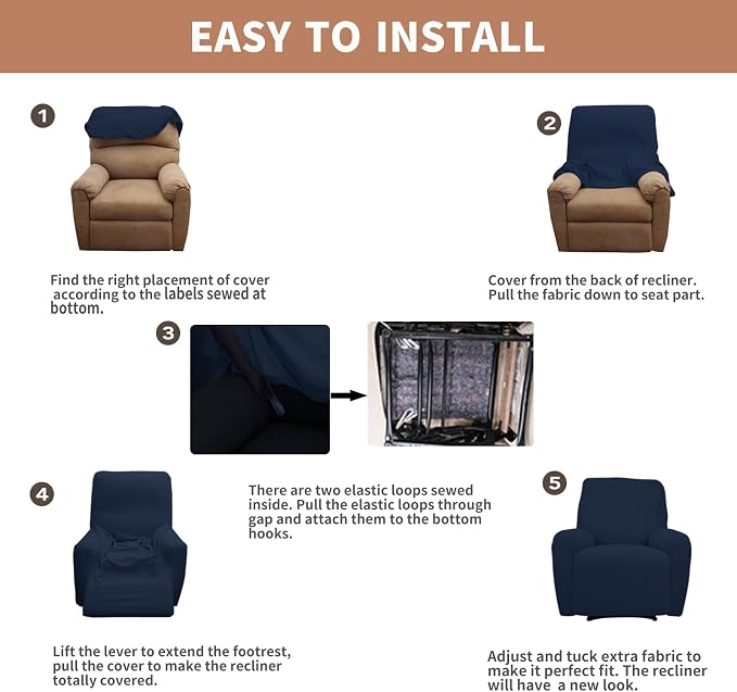 Easy-Going 100% Waterproof Recliner Chair Cover，1-Piece Recliner Slipcover | Dual Waterproof Couch Cover for Recliner，Leakproof Furniture Protector for Kids Pets Dog Cat Daily Stain, Dark Blue