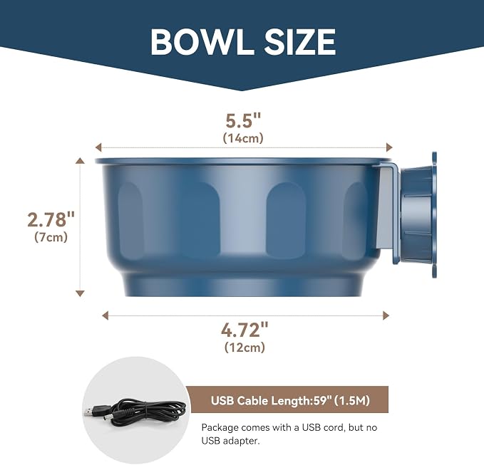 Indoor Pet Small Heated Water Bowl, Cat Thermal Bowl in Winter, 600ML Hanging Heated Water Bowl for Rabbit Cage Dog Crate, Indoor USB Portable Warm Dish for Dogs Cats Rabbits Birds, Blue