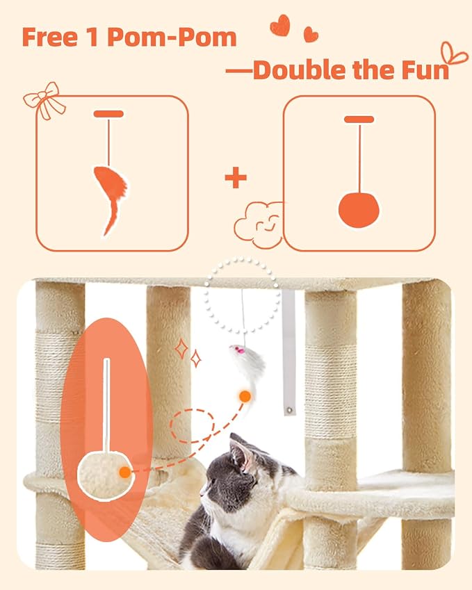Taoqimiao Cat Tree, 66.2 in Tall Cat Tower with 2 Plush Cat Condos | 7 Scratching Posts, 2 Top Perches, Cozy Hammock & Basket, Indoor Cats, 2 Pompoms & Mouse Toy, Beige, MS013M