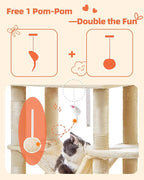 Taoqimiao Cat Tree, 66.2 in Tall Cat Tower with 2 Plush Cat Condos | 7 Scratching Posts, 2 Top Perches, Cozy Hammock & Basket, Indoor Cats, 2 Pompoms & Mouse Toy, Beige, MS013M