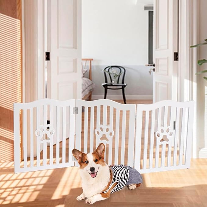 Pet Gate, Wooden Free Standing Dog Gate for Small Dogs and Cats. Great Folding Fence for Doorways, Halls, Stairs. White
