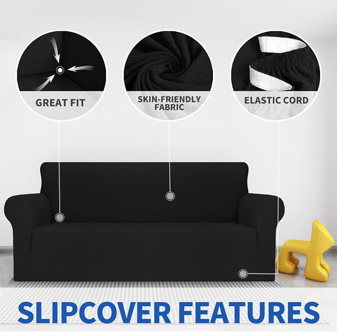 MAXIJIN Stretch Oversized Couch Covers for 3 Cushion Couch (91"-110"), 1-Piece Large Sofa Cover Slipcover Furniture Protector for Kids,Dogs (Extra Large, Diamond Pattern Black)