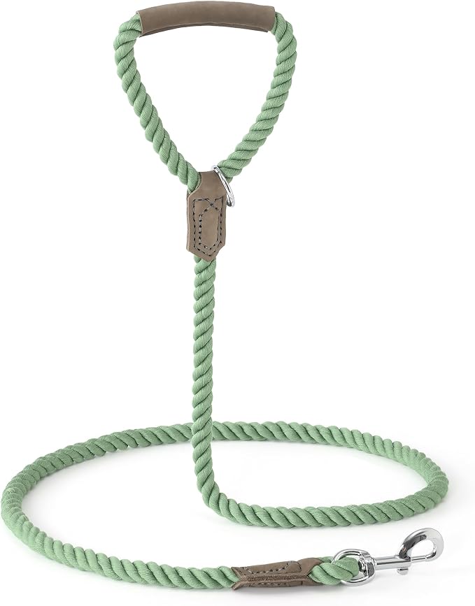 Mile High Life Dog Leash Braided Cotton Rope w/Leather-Wrapped Ends/Handle | Rust-proof 360° swivel clasp, Heavy-duty for medium/large breeds. Great for weddings, daily walks (6 FT, 1/2", Green)