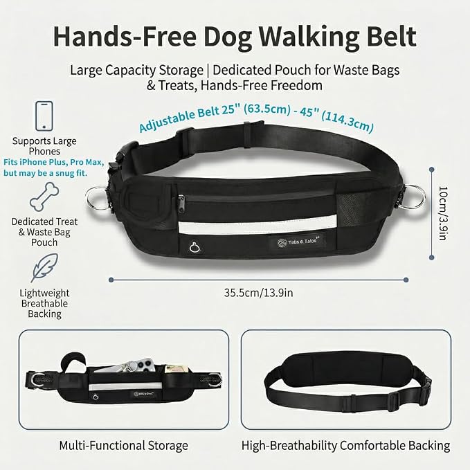 Hands Free Dog Leash with Waist Pouch, Reflective Bungee, Dogs Up to 100 lb | Adjustable 25-45 in belt, dual padded handles and lightweight pouch for walking, running, hiking and training dogs, black