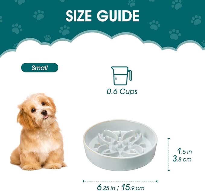 vancasso Ceramic Slow Feeder Dog Bowls, Puzzle Dog Food Bowls with Floral Maze, Anti -Slip Pet Food Dish for Small Breed, 0.6 Cups, Grayish Cyan