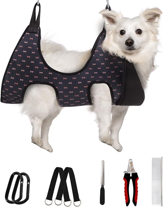 Supet Dog Grooming Hammock for Nail Trimming, Pet Grooming Hanging Harness | Restraint Dog Leashes Sling, Stress-Free Animal Holder Set for Clipping Nails, Ear & Eye Cleaning, Medicine(Black Currant, M)