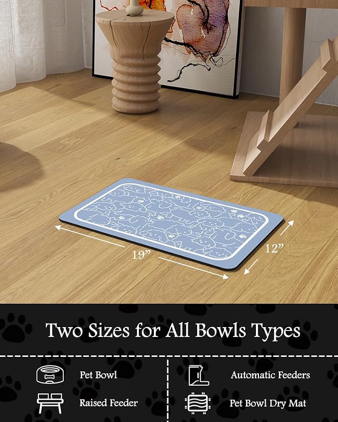 Pet Feeding Mat-Absorbent Dog Mat for Food and Water Bowl-No Stains Quick Dry Water Dispenser Mat-Dog Accessories Pet Supplies-Bowl for Messy Drinkers（BLUEDOGS,12"x19"