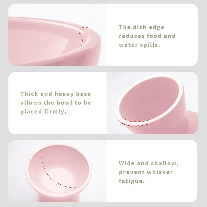 CEEFU 2-Pack Extra Wide Elevated Ceramic 6.2" Shallow Cat Food Bowls | Cat Dish for Whisker Fatigue Relief, 5" Height for Easy Feeding, Durable Raised, Pink
