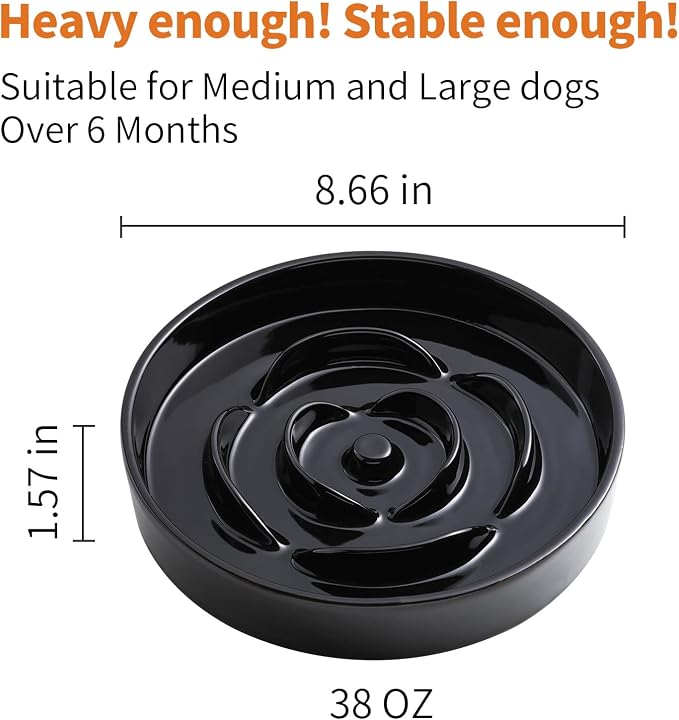 8.66 in Black Ceramic Dog Bowl Slow Feeder for Medium and Large Breed Dogs, Anti-Choking and Slowing Down Eating Time, Heavy Weighted Non-Slip Base