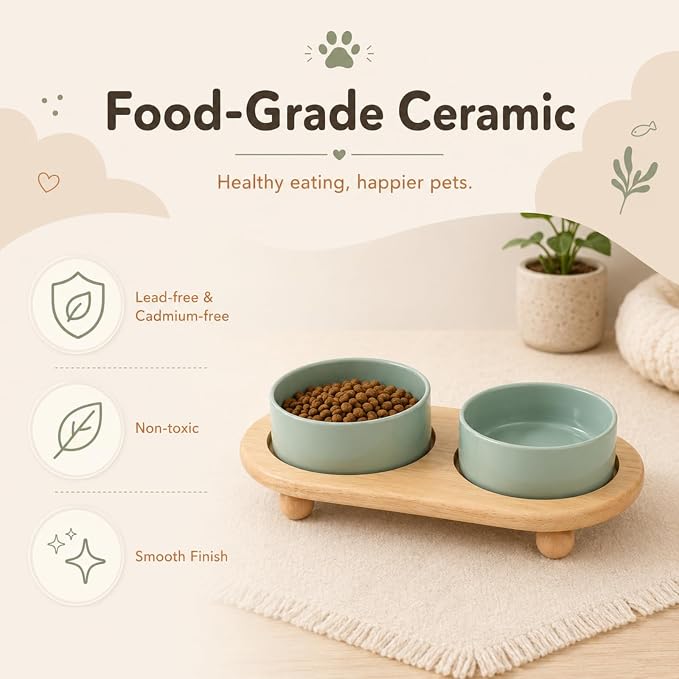 Havniva Raised Cat Bowl 5.1” Elevated Ceramic Cat Food and Water Bowl Set | Cat Bowls Elevated, Whisker Friendly Cat Bowl, Non-Slip Wood Stand, Food-Grade Ceramic, Wide Opening, Dishwasher Safe