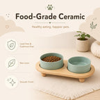 Havniva Raised Cat Bowl 5.1” Elevated Ceramic Cat Food and Water Bowl Set | Cat Bowls Elevated, Whisker Friendly Cat Bowl, Non-Slip Wood Stand, Food-Grade Ceramic, Wide Opening, Dishwasher Safe