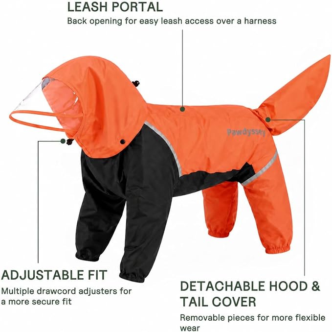Full-Body Dog Raincoat with Detachable Hood, Waterproof Reflective Dog Rain Jacket with Tail Cover, Adjustable Fit and Leash Portal for Rainy Walks, Orange, X-Large