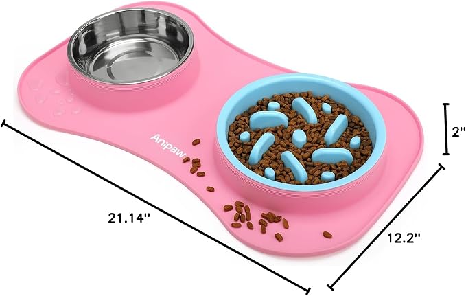 Slow Feeder Dog Bowls 3 in 1 Stainless Steel Food Water Bowl to Slow Eating | Durable, Non-spill & Non-skid with Silicone Mat Design, Slow Down Eating, Suitable for Small Medium Large Dogs and Cats