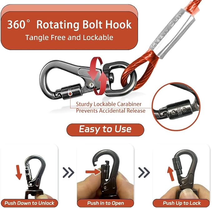 Dog Tie Out Cable - Chew Proof Steel Wire Lead - 360° Tangle Free Outdoor Leash for Pups - Dog Runner Cable for Small to Medium Dogs (Red, 45lbs/30ft)