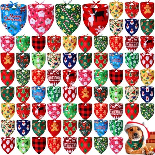 100 Pcs Large Christmas Dog Bandanas Bulk, Pet Costume Accessories by Locmeo