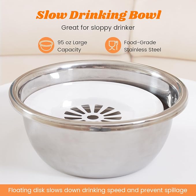 Raised 95oz Slow Drinking Dog Water Bowl No Spill Medium Large Breed | Single Elevated Stainless Steel Water Bowl with Floating Disc, Stable Sturdy Base and Snap on Adjustable Height Stand