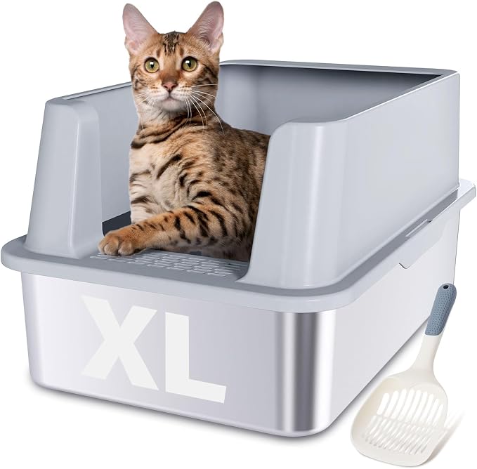 Stainless Steel Litter Box XL-Large High Sided Cat Litter Box | Metal Cat Litter Box with Lid and Scooper, Easy Clean, Non Stick & No Smell-23"x15"x10"