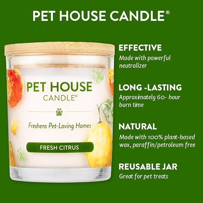 Pet House Candle Value Pack - Plant-Based/Soy - Clean Burning Scented, Long Lasting Pet Odor Candle for Home - Fresh Citrus
