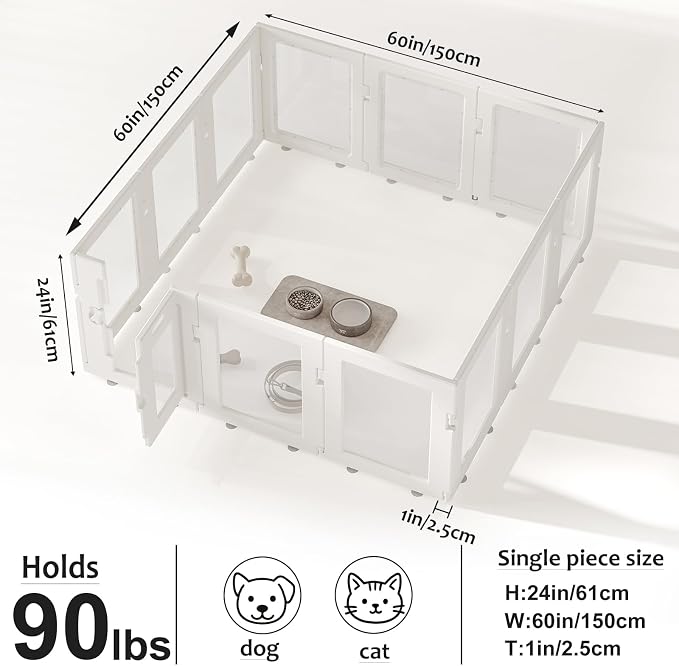 Clear Acrylic Dog Playpen Indoor, Puppy Cat Small Pet Play Pen, Easy Assemble & Disassemble Sturdy Plastic Dog Fence with Heavy Duty Door Lock (24In H, 12Panels), White