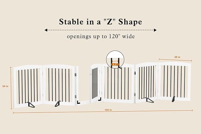 PUPETPO Freestanding Pet Gates with Walk Through Door, Dog Indoor Fence, Dog Gate for The House, Stairs, Extra Wide Pet Gate, Support Feet Included, 120 Inch Wide, 6 Panels 24" Tall, White & Black