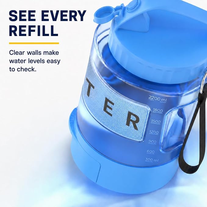 Portable Dog Water Bottle with Travel Bowl, 77 oz/2.2 L, Blue | 2-in-1 portable dog water bottle with pull-out bowl; BPA-free plastic, silicone seal, wide mouth and grip for hikes or travel
