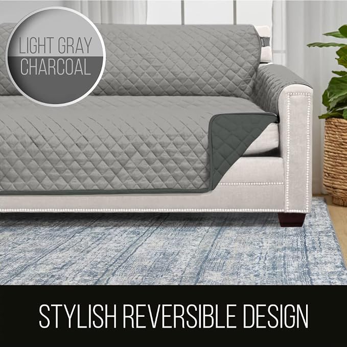 Sofa Shield® Couch Slip Covers for Dogs, Reversible Furniture Protector with Strap, Stain and Tear Resistant Cushion Cover, 88 inch Seat, Machine Washable Slipcover Pets, Cats, Light Gray Charcoal