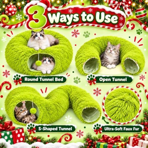 Christmas Cat Tunnel Bed Under Christmas Tree for Indoor Plush Lime Green Cats Xmas Cat Donut Tunnel Foldable Plush Peekaboo Cat Cave Toy for Small Cat Kitten (2.8 ft*2.8ft*10inch, Lime Green) - Image 3