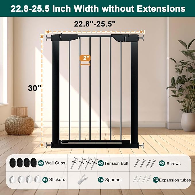 Fairy Baby 22.8"-25.5" Narrow Baby Gate for Small Stairs/Doorways/Hallways | Pressure Mounted Auto-Close Pet Gate, Metal Tension Safety Child Gate No Drill, Walk Thru Easy Install, No Extensions, Black