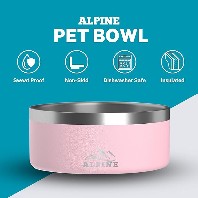 ALPINE Set of 2 Stainless Steel Dog Bowls, Non Slip, Metal Pet Bowl for Food and Water, Double Walled Insulated, Rustproof, Dishwasher Safe (64 oz, Pink)