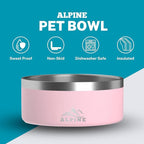 ALPINE Set of 2 Stainless Steel Dog Bowls, Non Slip, Metal Pet Bowl for Food and Water, Double Walled Insulated, Rustproof, Dishwasher Safe (64 oz, Pink)