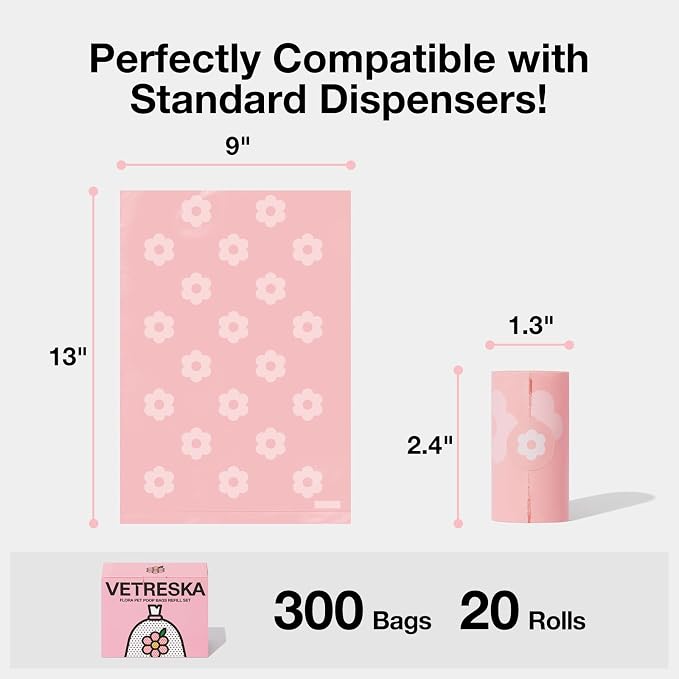 VETRESKA Dog Poop Bags, Lavender Scented Pet Waste Bags, 300 Counts | Leak Proof & Extra Thick Waste Bags for Dog Walking and Cat Litter, 20 Refill Rolls, 9 * 13 inches