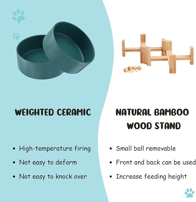 SPUNKYJUNKY 15° Slanted Ceramic Dog and Cat Bowl with Wooden Stand, Tilted Bulldog Food and Water Bowl No Slip Non-Spill for Cats Medium Dogs Big Face Pets 13.5 OZ (1.7 Cups, Green × 2)