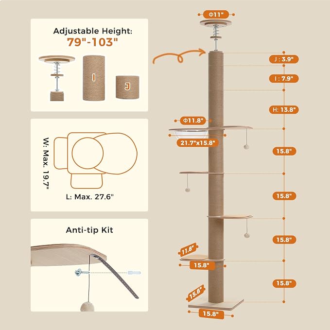 PETEPELA Floor to Ceiling Cat Tree, 79-103'' Adjustable Wood Tower, Beige | Tall wooden cat tower for indoor cats; 4'' all-sisal posts, acrylic bowl & pompom; tension top & wide base add steadiness