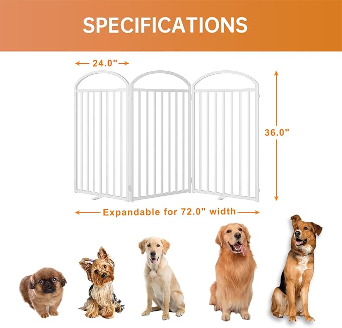 SNUOWU 3 Panles Full Matel Freestanding Dog Gates, 72" Extra Wide 36" Tall Free Standing Dog Pet Gate for Indoor & Outdoor. Foldable Pet Fences for Doorways, House, Stairs, Porch, Deck, Yard